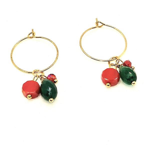 Handmade Green Onyx Chalcedony Hoop Earrings Red Crystal Dainty Christmas Colors - Picture 4 of 7